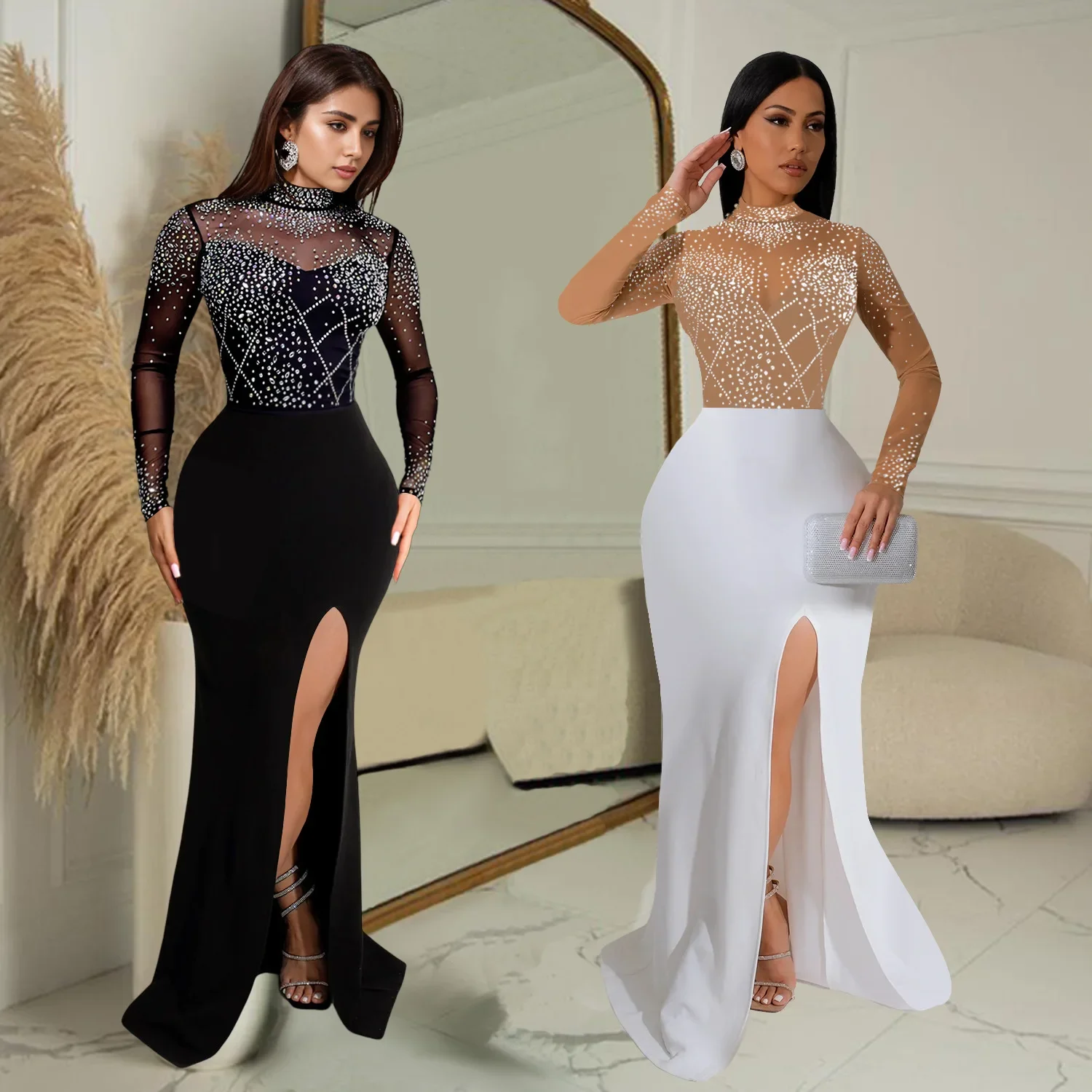 

2024 Fall Women Mesh See Though Diamonds Hot Drill Mermaid Maxi Dress Full Sleeve Sexy Night Party Clubwear Long Dresses