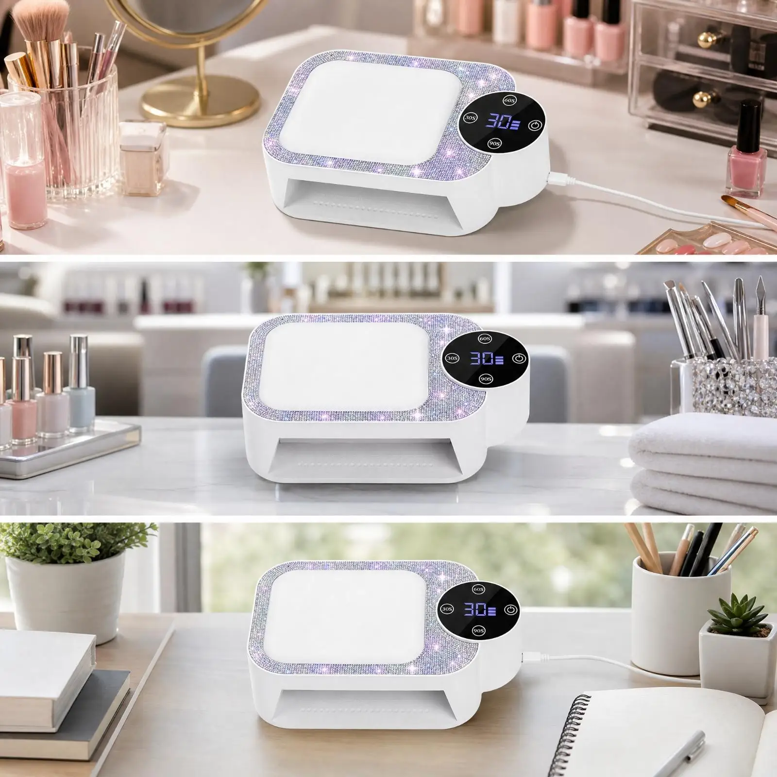 Rechargeable LED Nail Lamp for Manicure Pedicure with Rhinestone Hand Rest Wireless Curing Light Portable USB Charging White