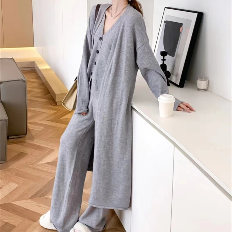 Winter Warm Knitted 3 Pieces Sets For Women Clothing Office Ladies Elegant Single Breasted Vest+long Cardigans+wide Leg Pant Set