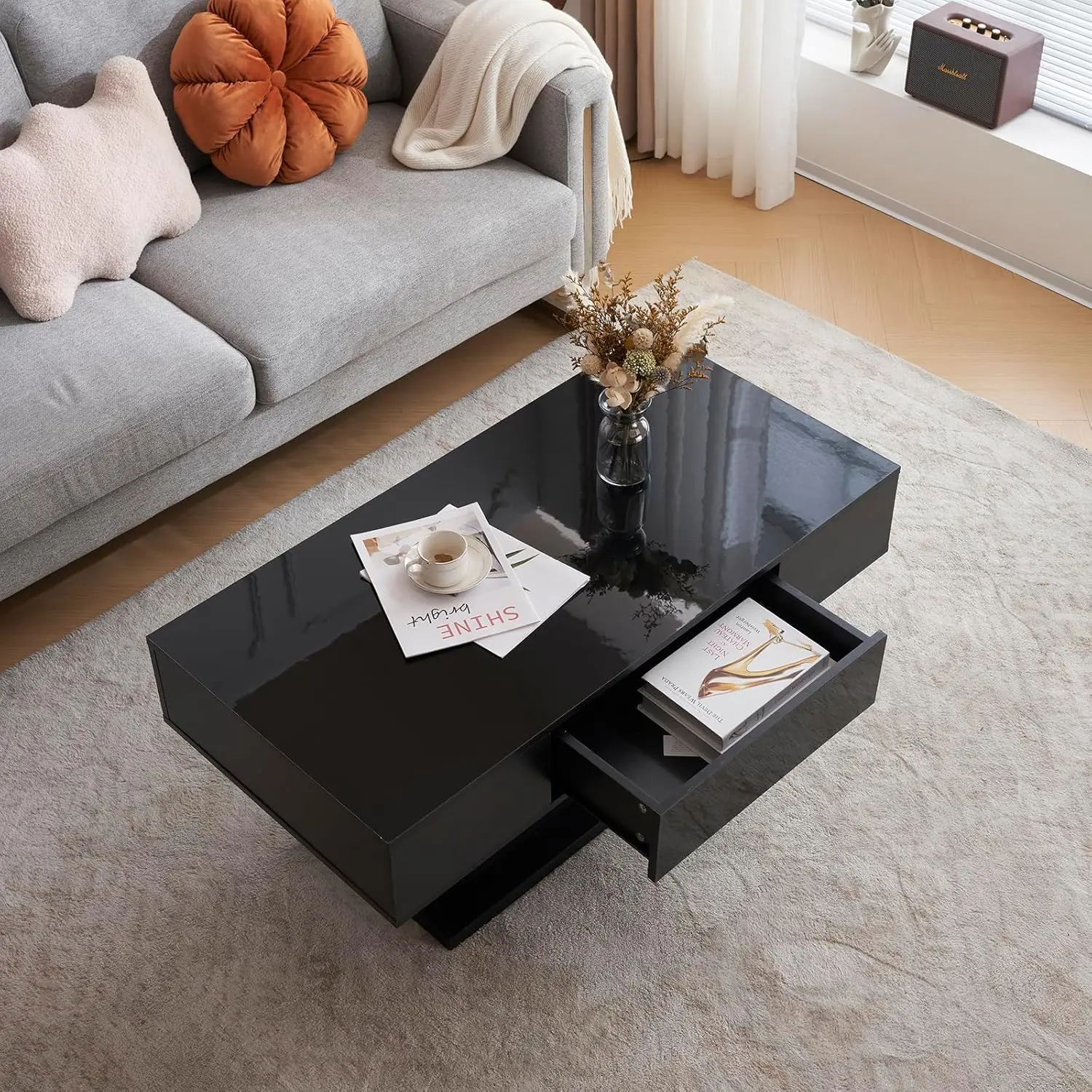 LED Coffee Tables for Living Room, Modern Center Tables with Storage, High Gloss Living Room Tables with 1 Drawer