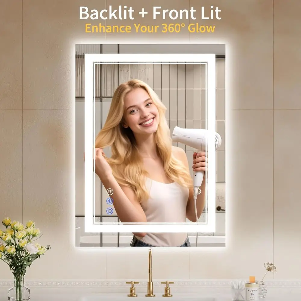مرآة LED قابلة للتعتيم مقاس 22 × 30 بوصة، مضادة للضباب، بإضاءة خلفية وإضاءة أمامية، زجاج مقسى، 3 خيارات ألوان لتزيين الحمام #2