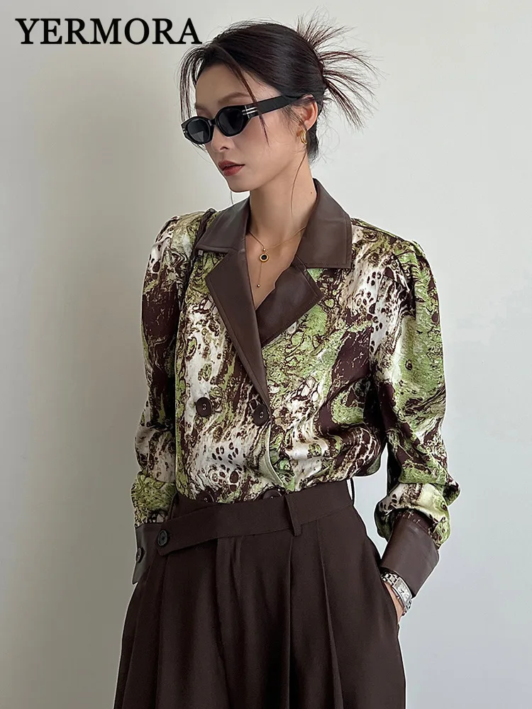 

YERMORA print spliced leather collar blouse for women lapel long sleeve loose new shirt fashion tide spring autumn 2025