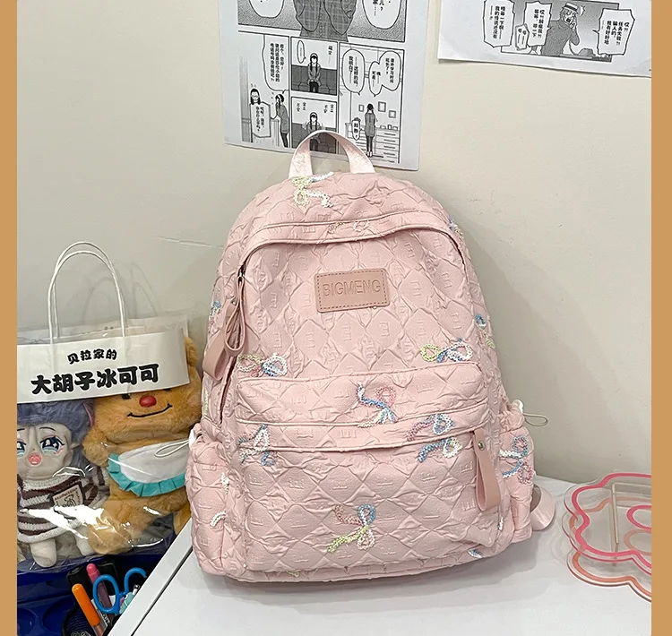 Colorful Bow Full Print Ruched Fabric Backpack Four Colors Available Large Capacity Girls Junior High High School School Bag