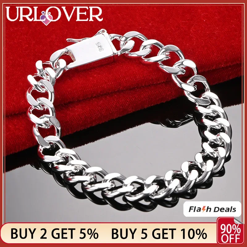 

URLOVER 925 Stamp Silver Color 20cm Men 10mm Cuban Chain Bracelets For Woman Party Birthday Engagement Wedding Fashion Jewelry