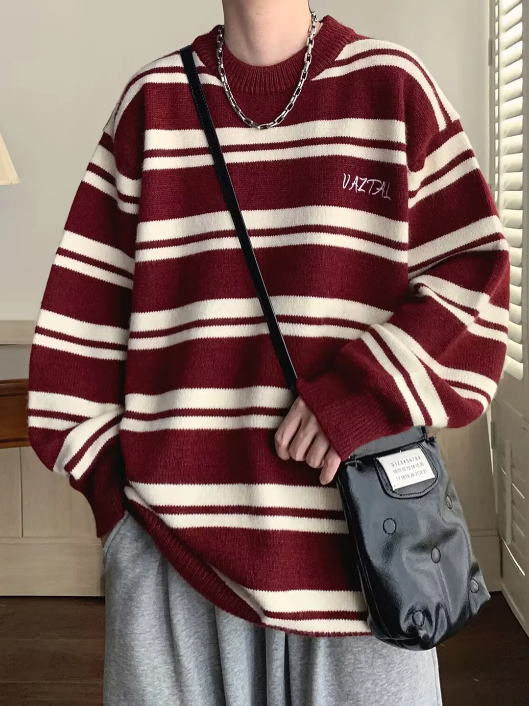 

Мужской свитер в полоску в американском стиле ретро, свободная вязаная верхняя одежда для пар, осенне-зимняя повседневная одежда, длинная свеча rou...