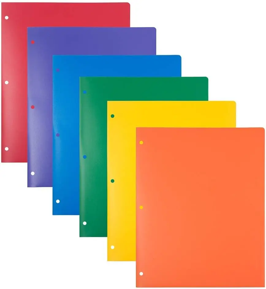 Plastic 3 Hole Punch Pocket Folders 6 Pack, Assorted Colors