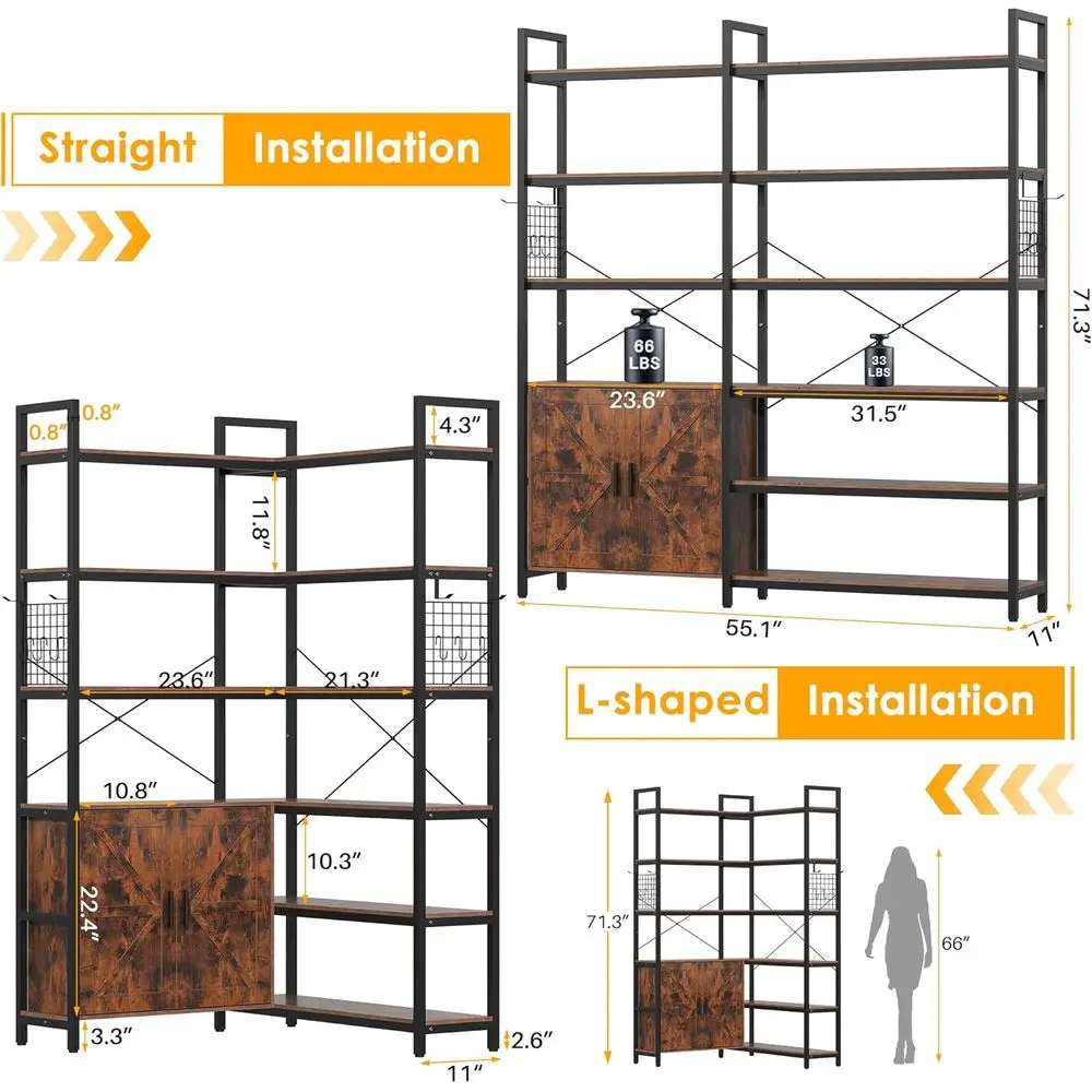 6-Tier Corner Bookshelf with Barn Doors and 10 Shelves, 71.3 Tall Convertible Bookcase with Storage Cabinet, Large L-Shaped Book view 6
