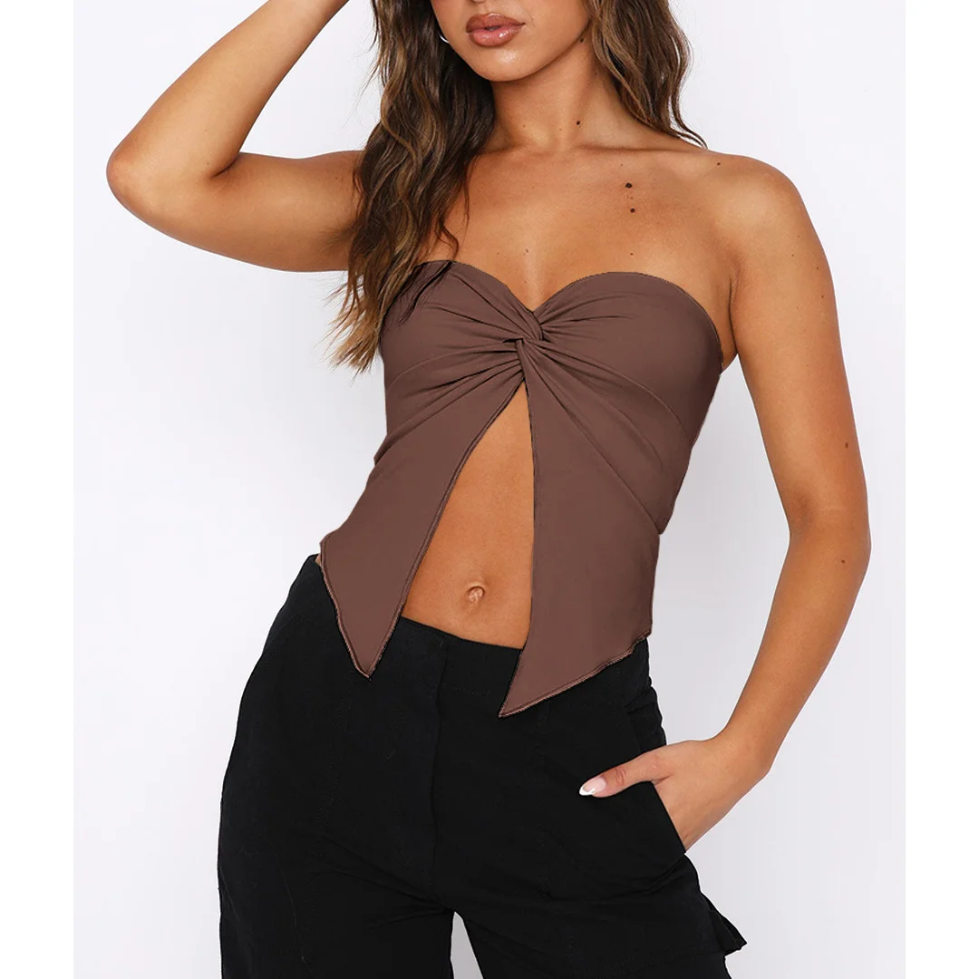 Summer Fashion Women Solid Color Tube Tops Bandeau Strapless Backless Open Front Wrap Chest Tank Tops Crop Tops