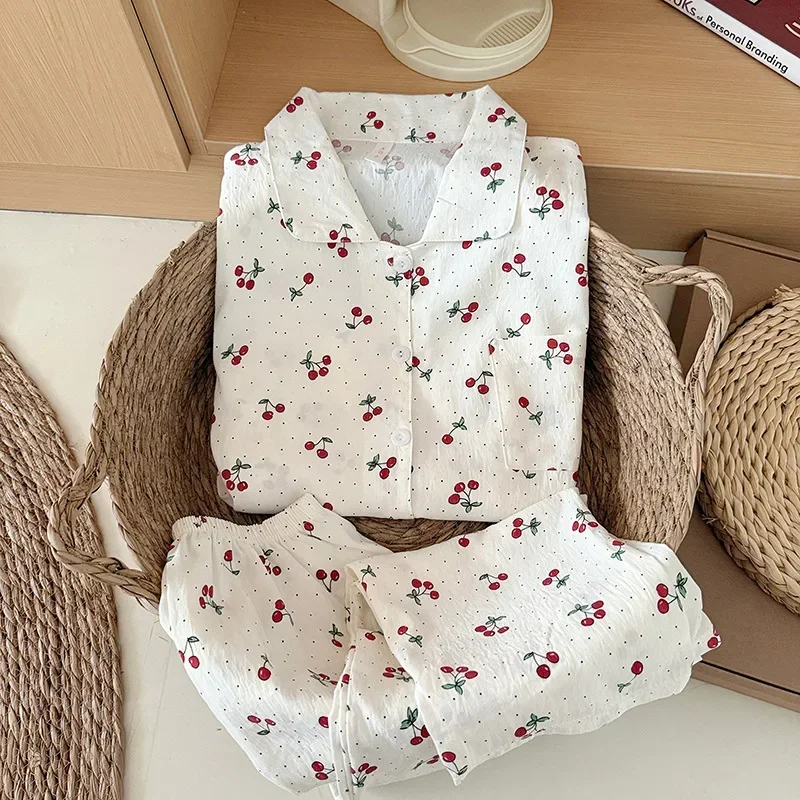Korean Style Women's Spring Autumn New Arrival Comfortable Cherry Floral Trim Sleepwear Set Casual Home Clothes