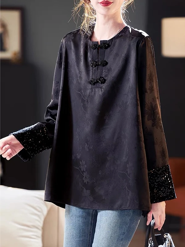 Nowa chińska luźna bluzka damska z szyfonu z kwiatowym haftem, modna, uniwersalna, z szerokim rękawem i okrągłym dekoltem, kolekcja wiosna 2025.