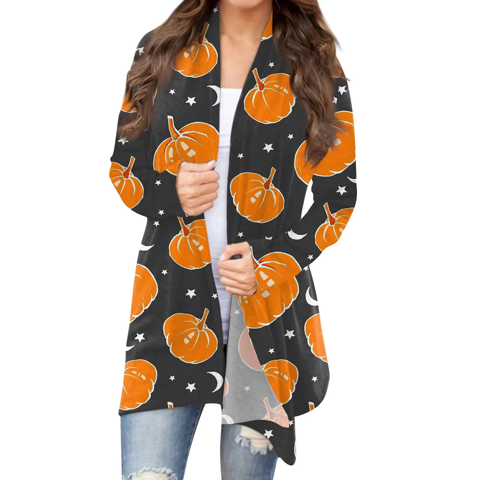 Topy Mujer moda damska Casual Halloween z nadrukiem z długim rękawem kardigan średniej długości kurtka topy Roupas Feminina Roupa Feminina