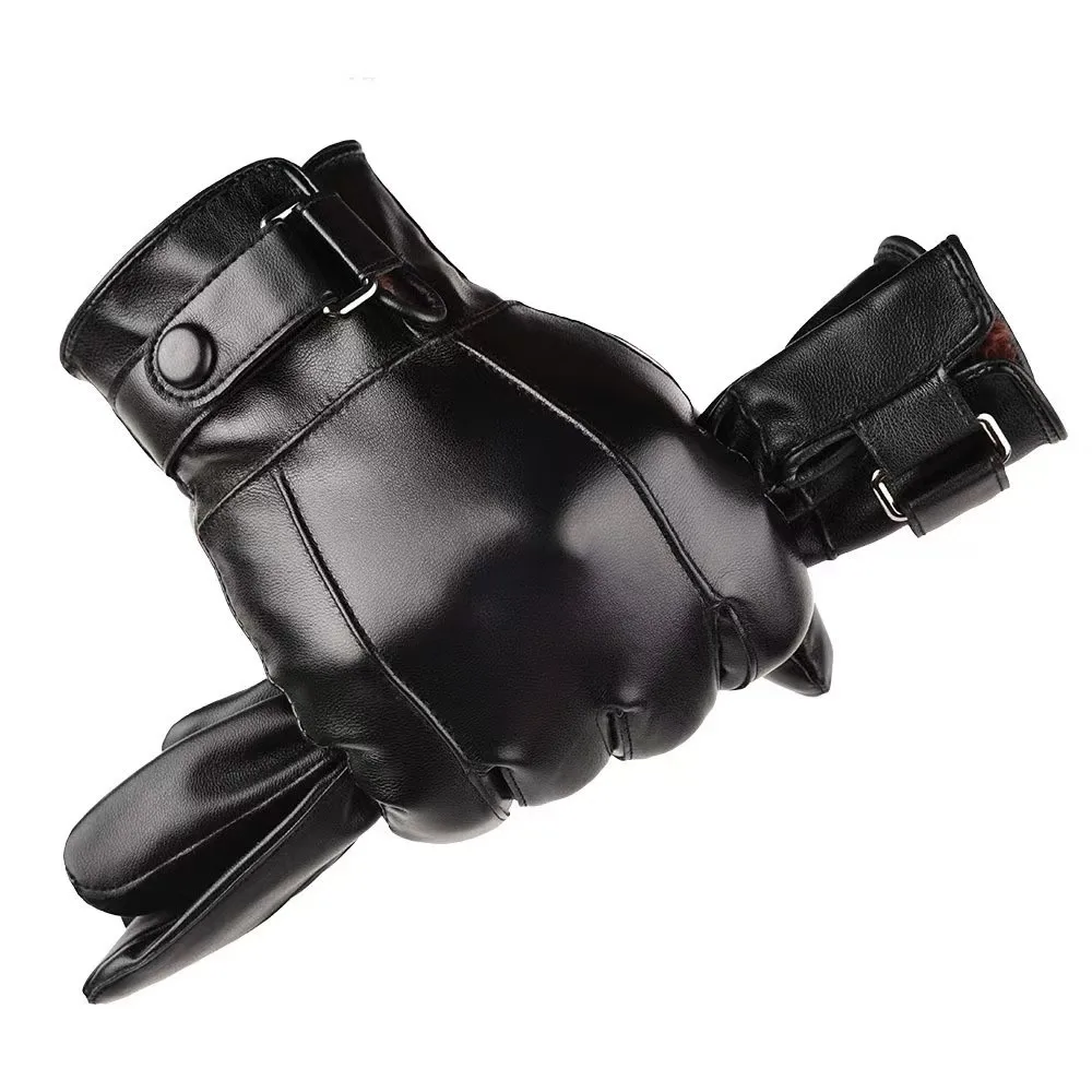 New Thickened Touch Screen Gloves Adjustable Thermal Fleece Waterproof Gloves Cold Wind PU Leather Gloves Skiing