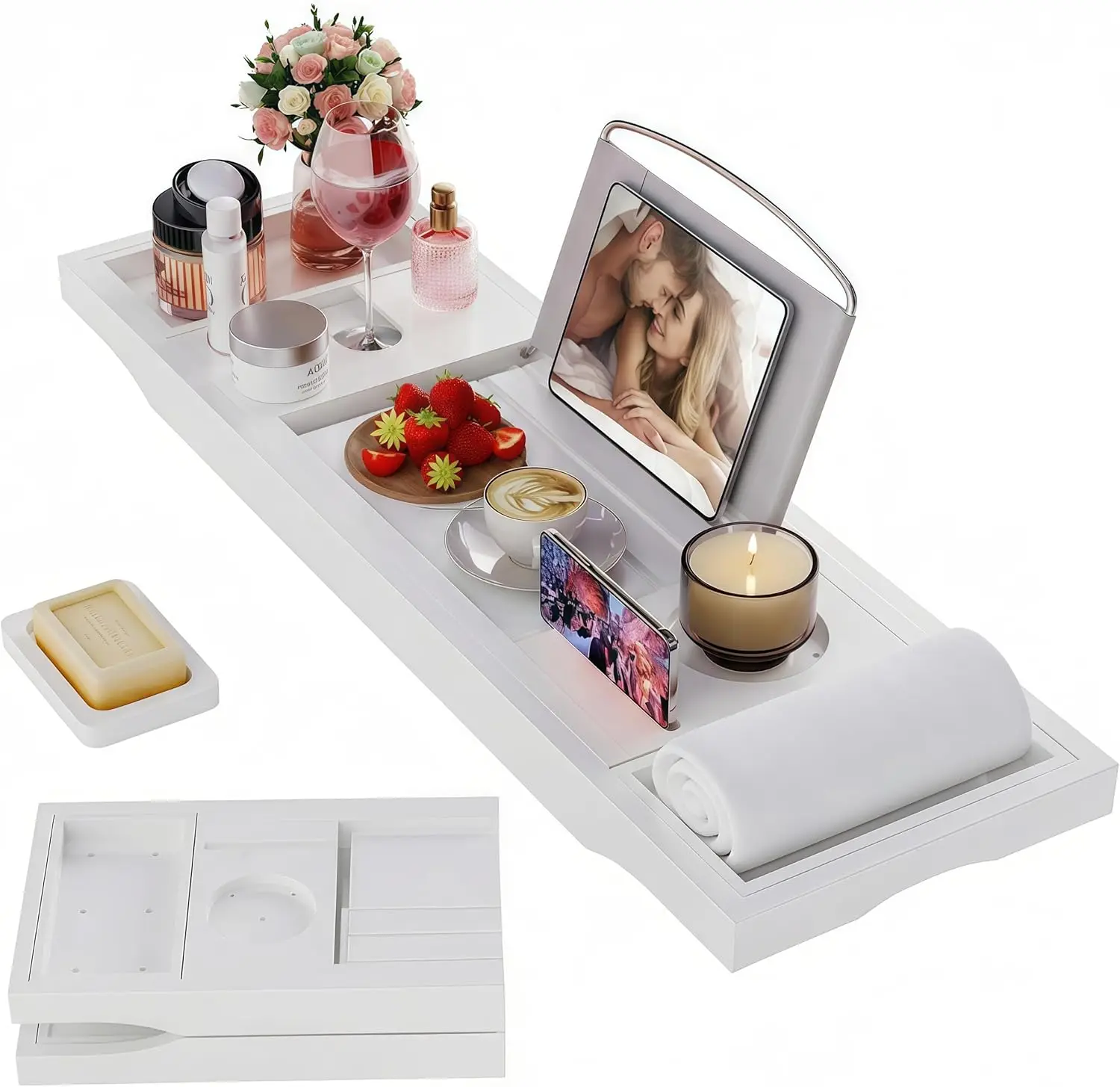 

Foldable Bamboo Bathtub Tray with Extending Sides, Adjustable Holder for Wine Glass, Book, Phone, Tablet - White Gift Idea