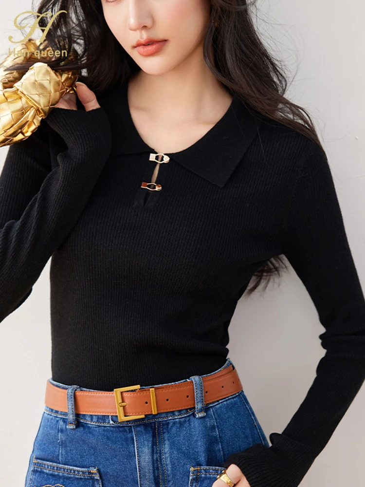 H Han Queen New Women\'s Sweater Long Sleeve Work Casual Tops Loose metal buckle Vintage Pullover Korean Syle Women\'s Clothing