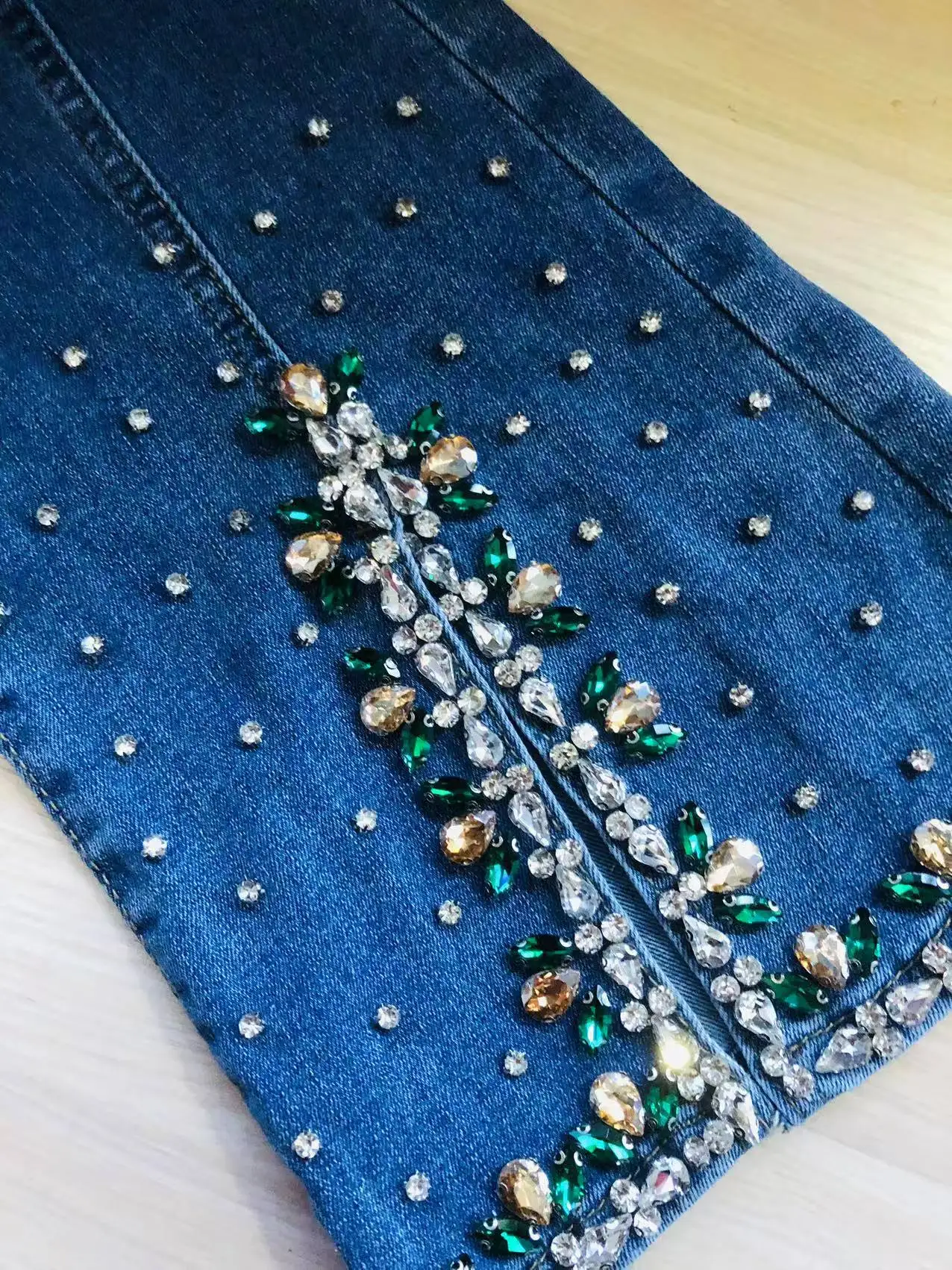 2024 Spring Summer Women High Waisted Rhinestone Flare Denim Trousers , Fall Korean Style Stretchy Placket Jeans Pants for Woman