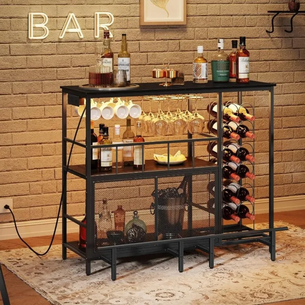 Home Bar Unit, 44.9" L Bar Table with Power Outlet, Mini Bar with Wine Rack and LED Lights
