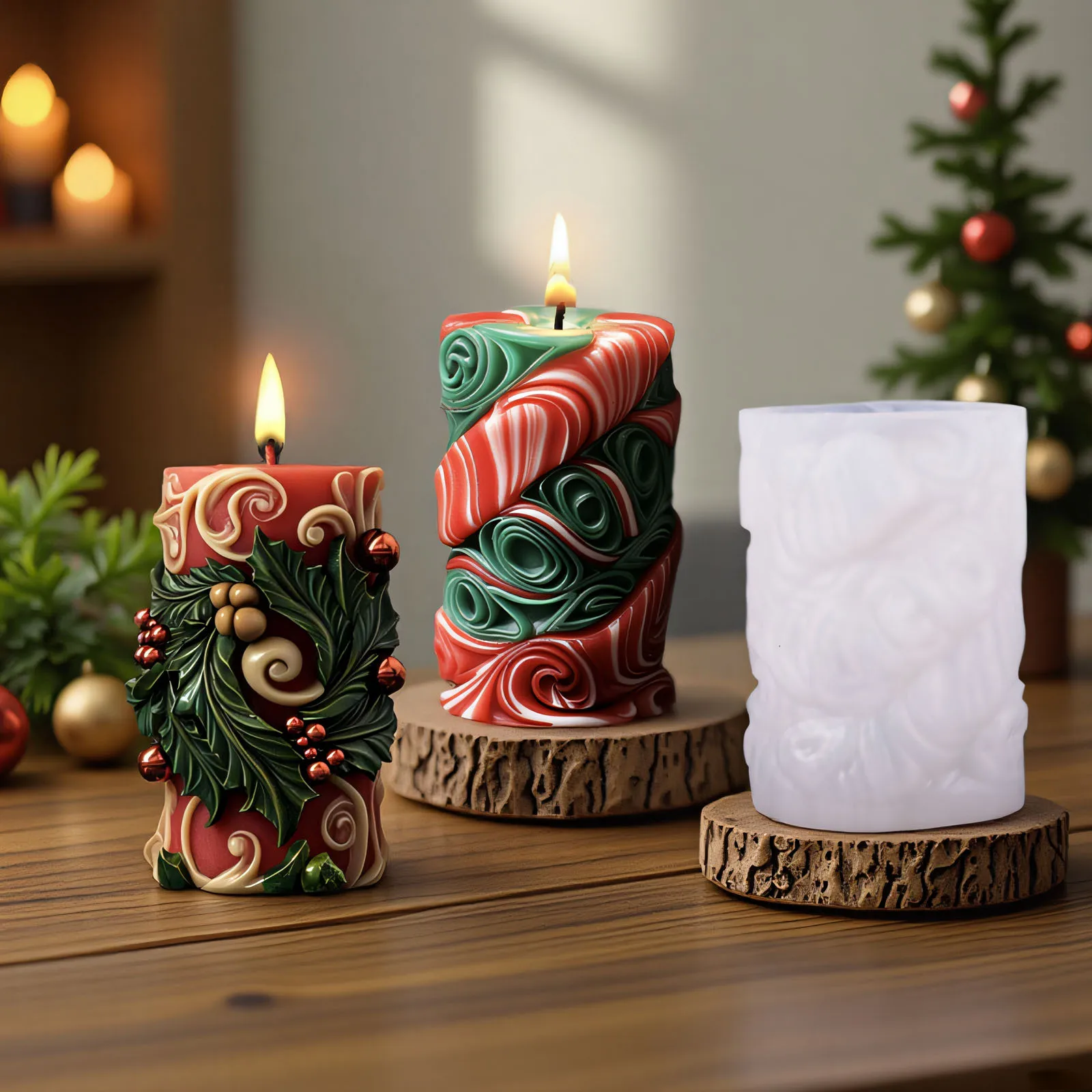 Christmas Santa Cylinder Candle Silicone Molds DIY Xmas Snowman Pine Tree Handmade Plaster Soap Mold Home Decor Ornament