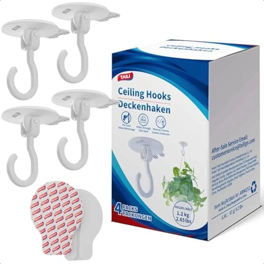 

TAILI Adhesive Ceiling Hooks for Hanging Plants Heavy Duty NoDrill Removable Sticky Wall Hooks Hanging Christmas Lights Garland