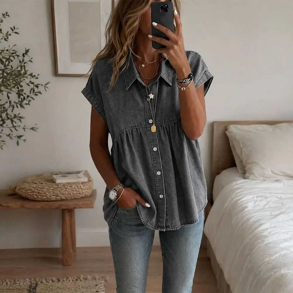 Women Denim Casual Shirt Lapel Short Sleeve Shirt Tops, Pure Color Ruffle Splicing  for Work Parties Vacations Dates