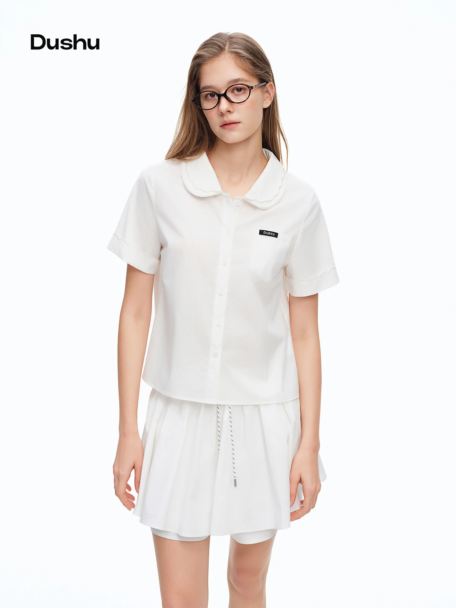 

DUSHU Double-layer Peter Pan Collar White Shirts Women Korean Preppy Style Blouse Short Sleeve Summer Sweet Age-reducing Chic