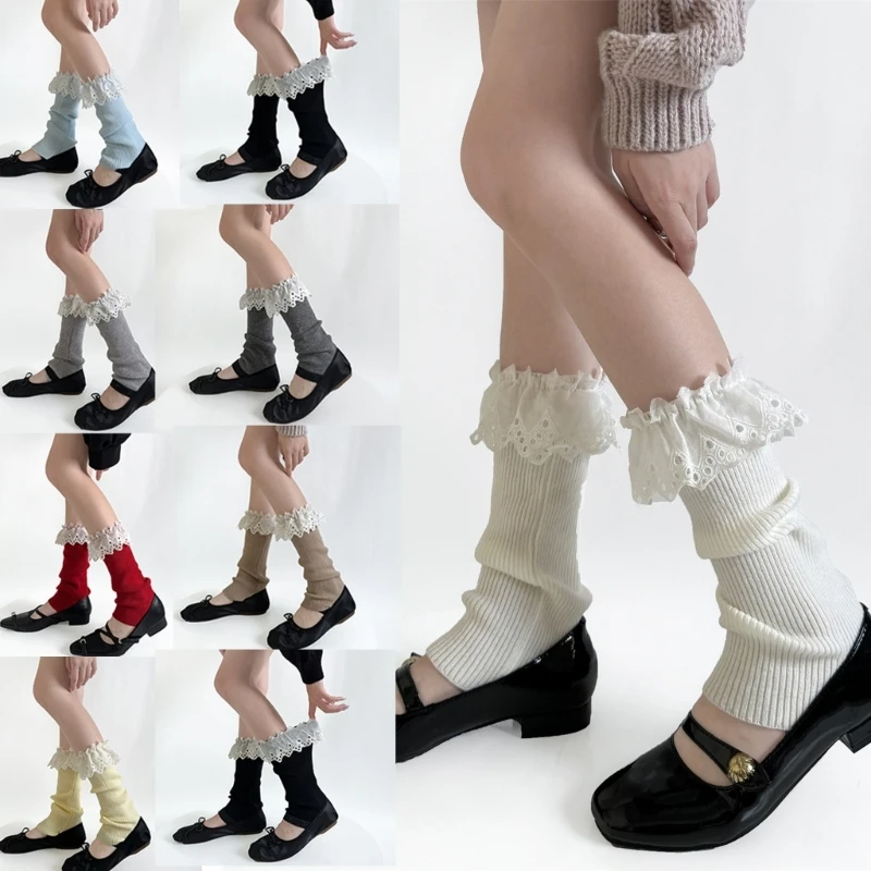 

Ribbed Knit Leg Warmers Calf Socks Japanese Women Girls Ruffled Lace Trim Boot Cuffs Sweet Colorful Leg Covers Stockings