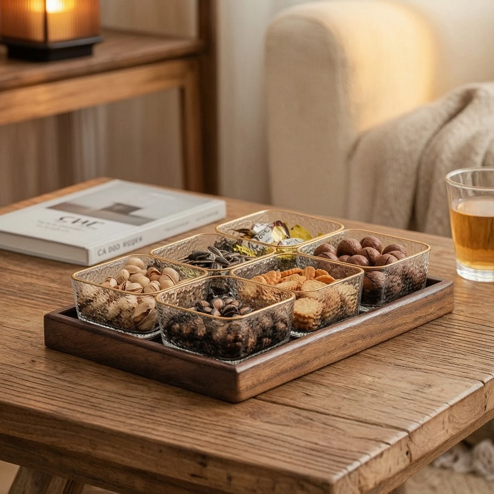 Wooden Serving Tray - Serving Tray with Glass Bowls Wooden