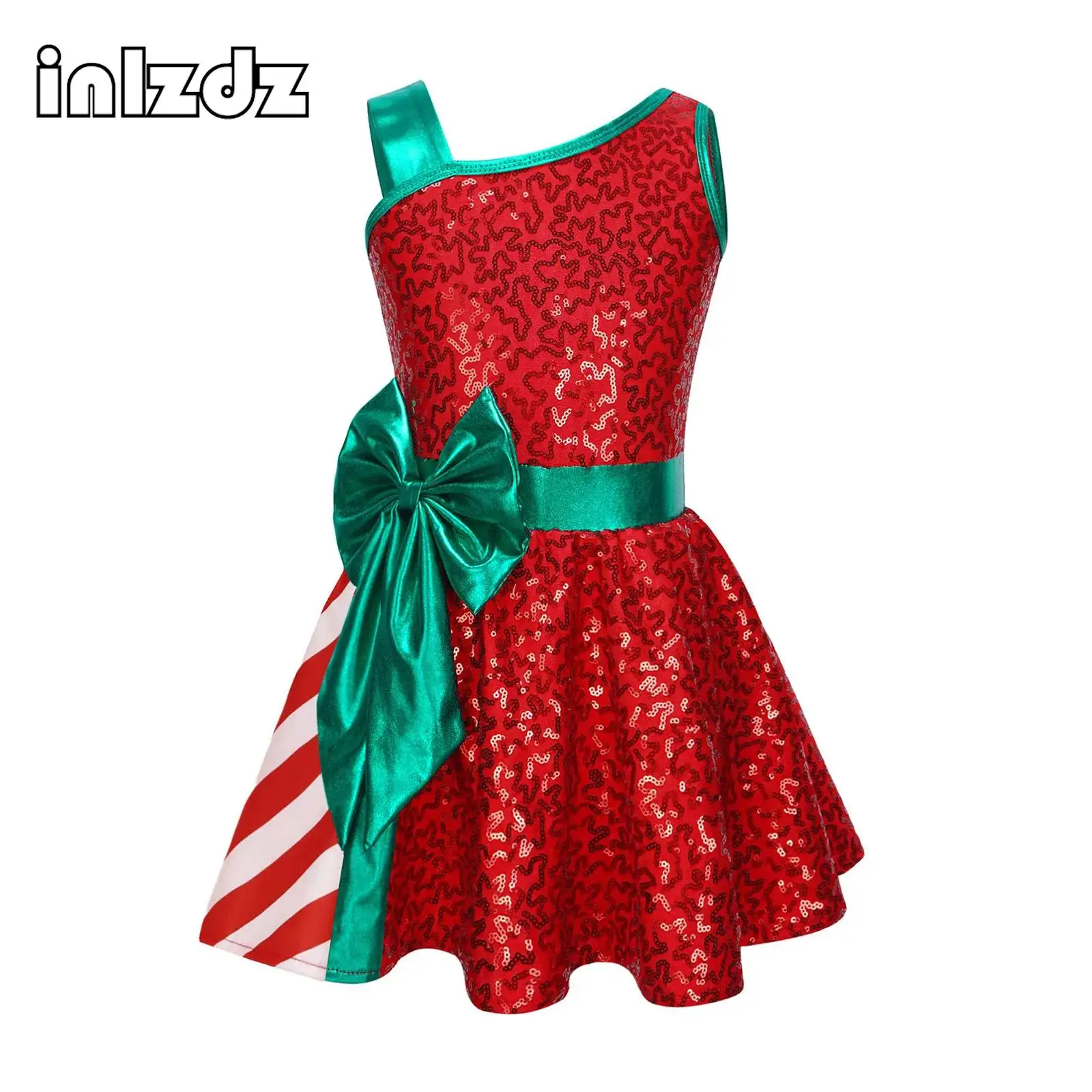 

Girls Sequins Striped Ballet Dress Dancewear Candy Cane Christmas New Year Costume Sleeveless Figure Ice Skating Leotard Dress