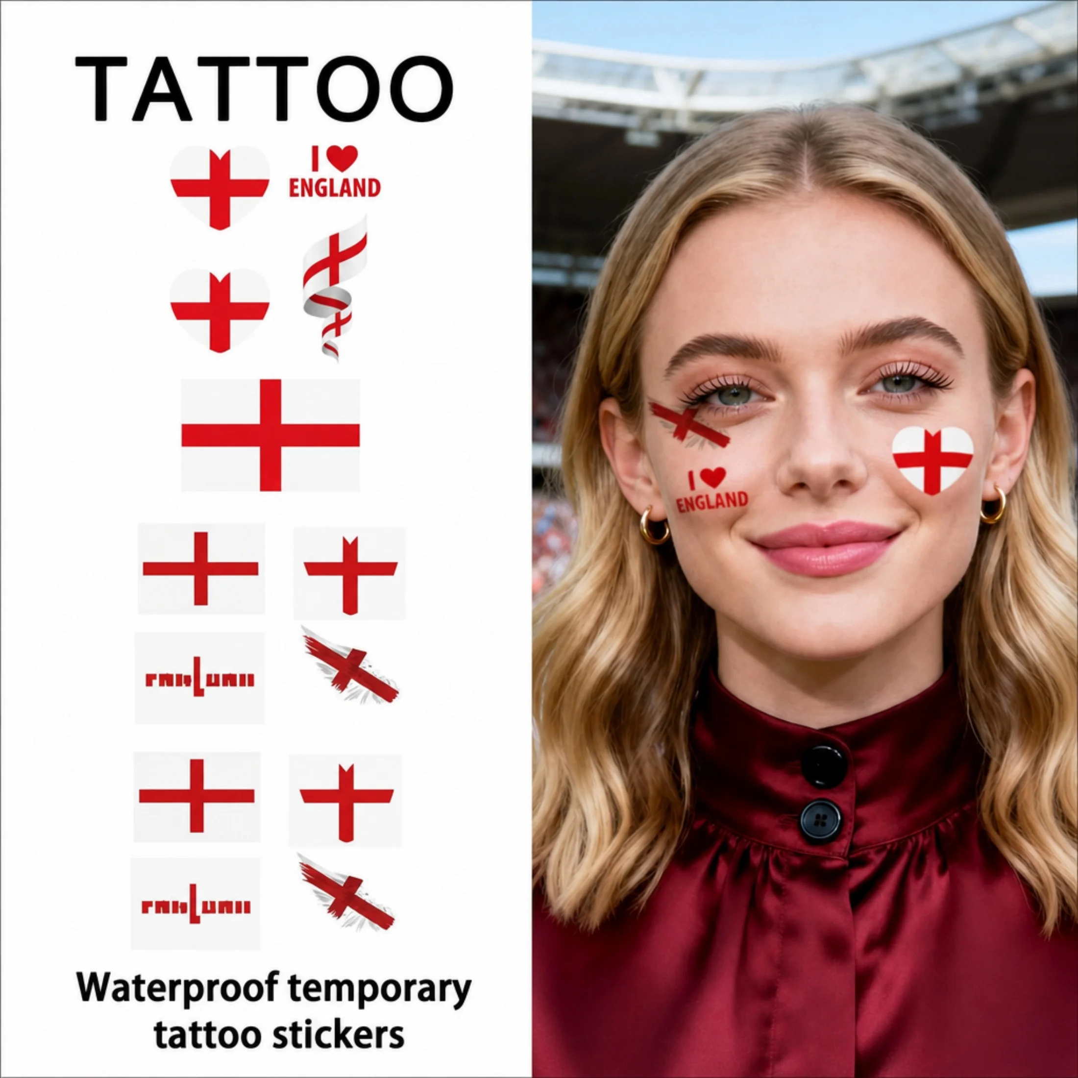 

2 Pieces of Flag Tattoos, Temporary Tattoos, England Football, Waterproof, Sweat-Proof, Disposable, for Face, Arms, Waist, Chest, Legs, Abdomen, Neck, Hands, Fingers, Back, Dance, Stage Performance, Modern Body Art (Free 2Pcs Tattoo Remover Wipes)