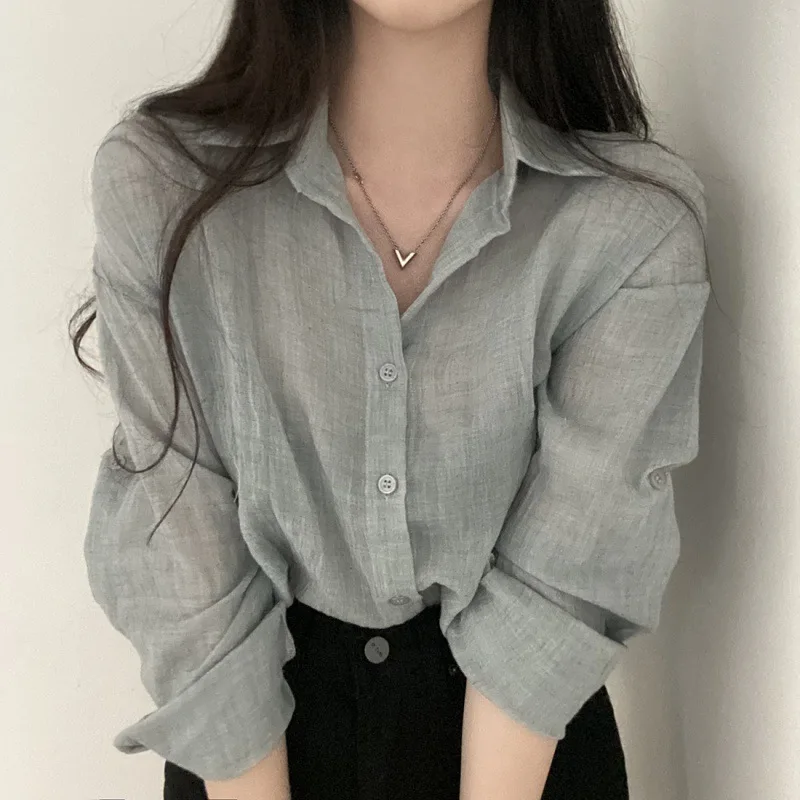 

2024summer/autumn Simple Solid Colour Lapel Pleated Blouse Long Sleeve Shirt Loose Short Sun Shirt Women's Clothing Camisas Traf