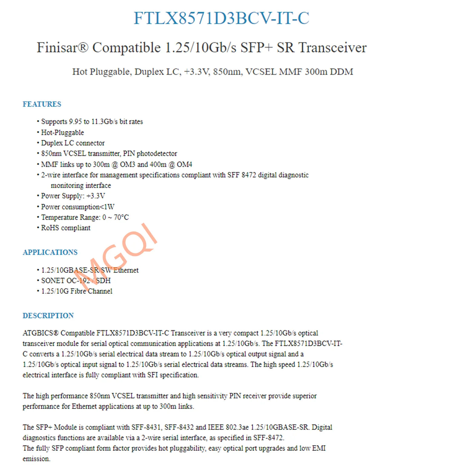 Optical Fiber Sfp 10G/FTLX8571D3BCV-IT/E65689-001/X710 X520 Int-el Transceiver/Adapter General 10g/10G Fiber Optical Module