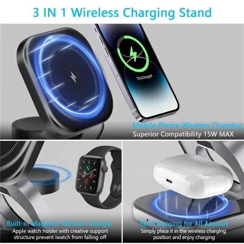 3 In 1 Foldable Magnetic Wireless Charger Stand Macsafe For iPhone 15 14 13 12  Samsung Apple Watch 8 7 6 AirPods  Fast Charging