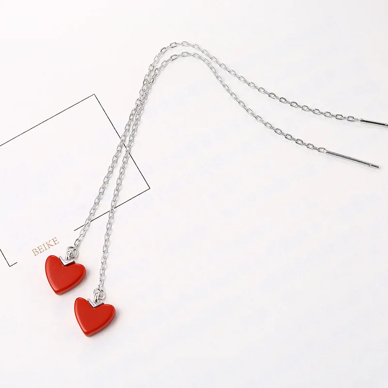 

925 Sterling Silver Red Heart Shaped Long Earrings for Girls