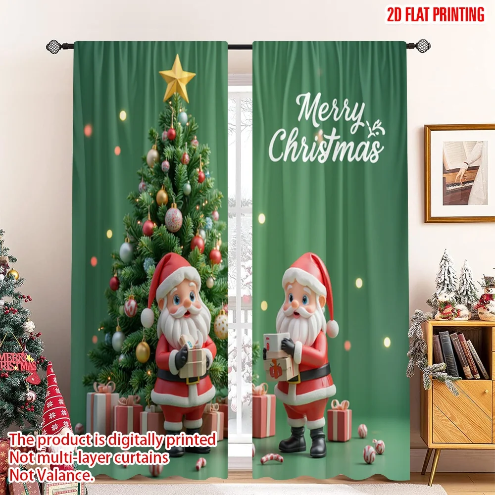 

2pcs 2D flat printing Merry Christmas Party Curtains Santa Claus Merry Christmas Gifts Tree Polyester Fabric Without Electricity