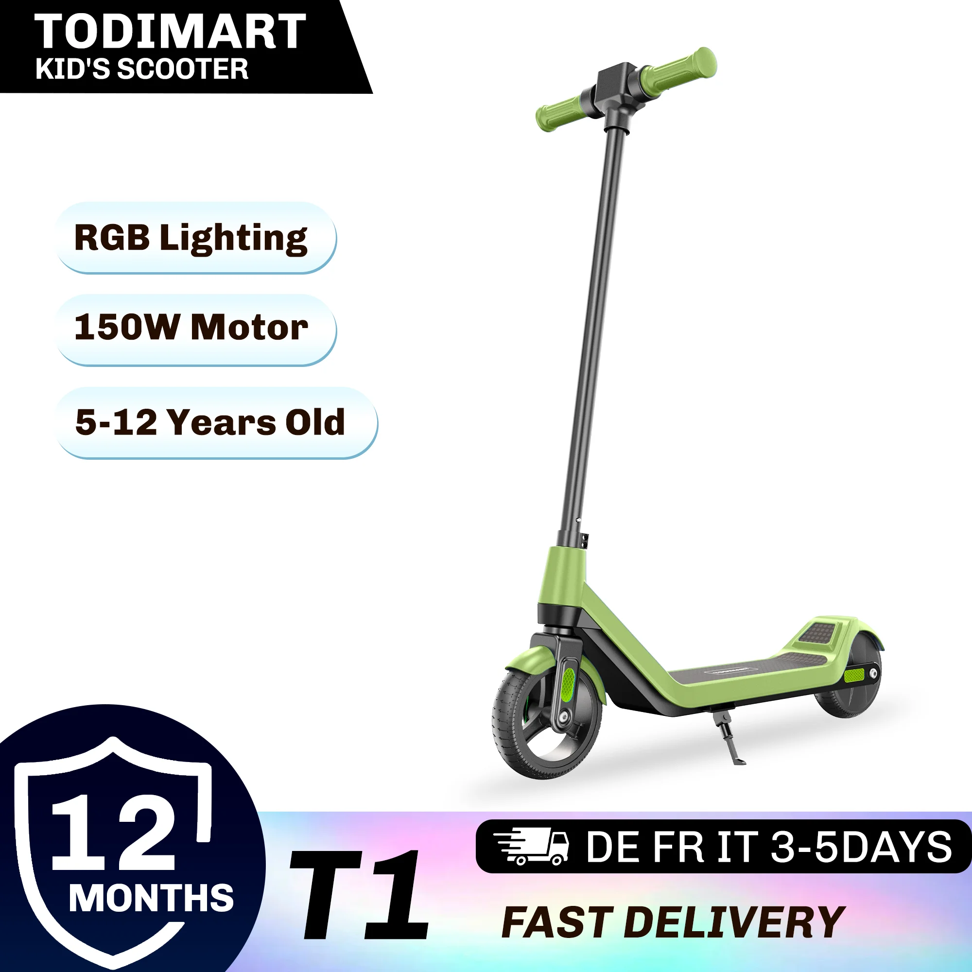 Patinete infantil T1-G, para niños y estudiantes, 24V, velocidad máxima 16 km/h, autonomía de 10 km, faros delanteros, iluminación RGB, perfecto como regalo para niños
