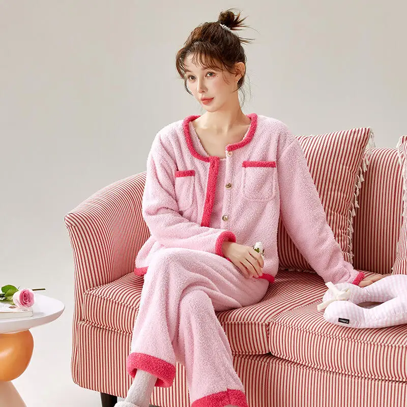 

Korean Version Half-Pile Women's Pajamas Sleepcoat Sleepwear Loungewear Spring Autumn Winter Girl's Thicken Coral Fleece Suit