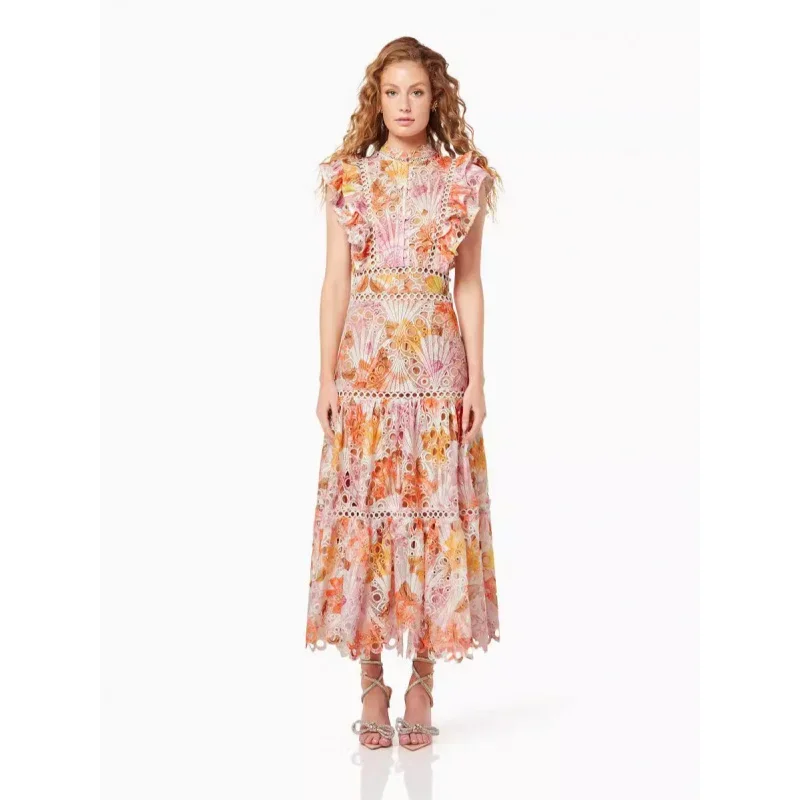 

2025 Summer New Flutter-Sleeve Lace Dress with Floral Embroidery & Cut-Out Detailing Slim-Fit Figure-Flattering Maxi Dress