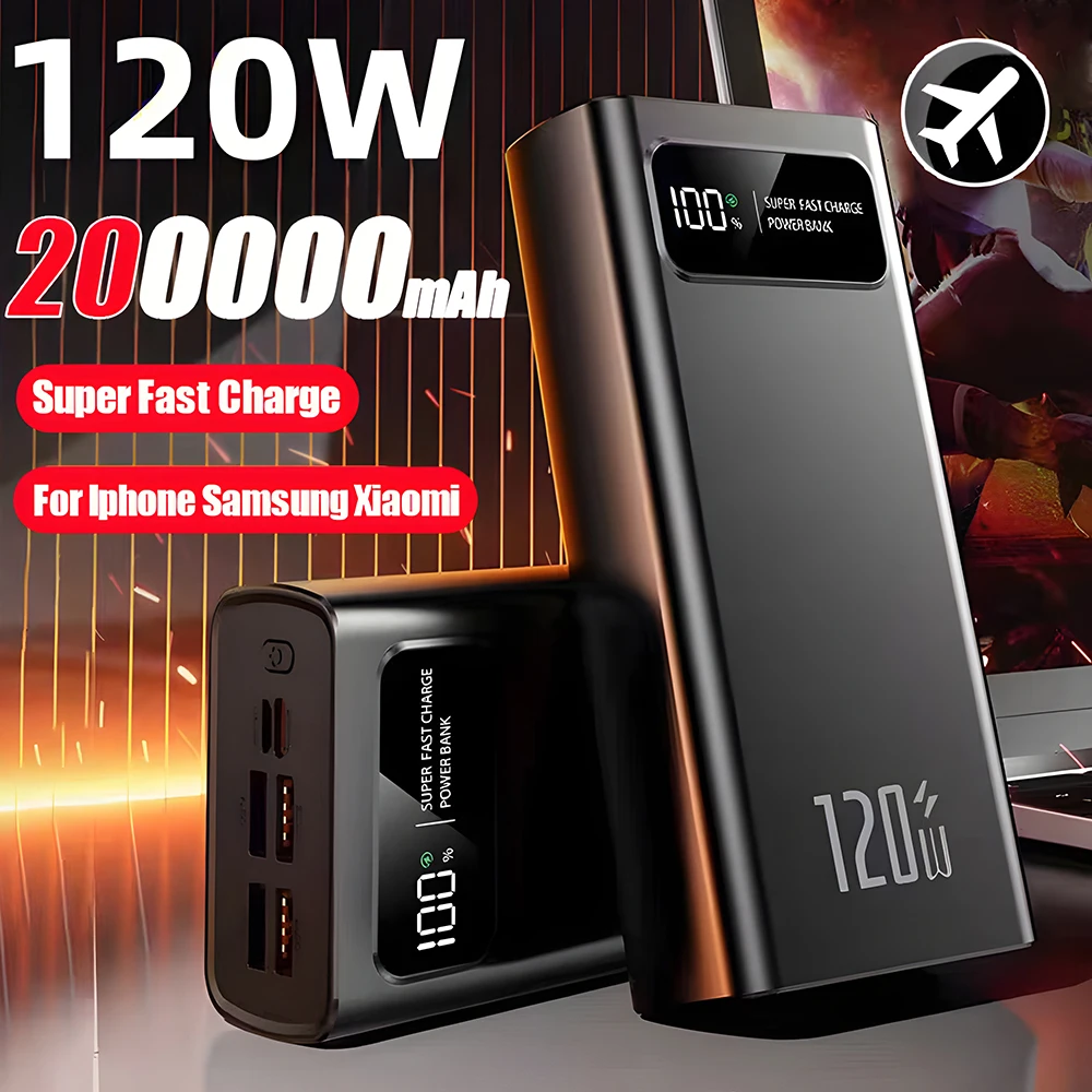 200000mAh Power Bank 120W Super Fast Charging Battery High Capacity Digital Display Power Bank For Iphone Samsung Xiaomi Huawei