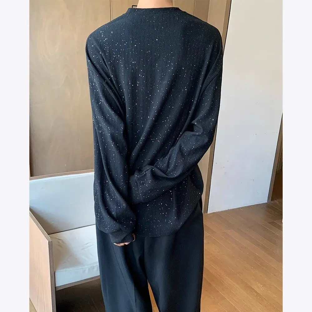 Spring Men O Neck Long Sleeve Sweatshirts Shiny Fashion All-match Casual Loose Inside Tops Tee Black White Stage Dance Costume