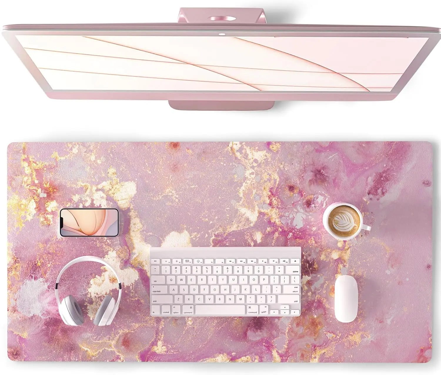 

Large Pink PU Leather Desk Mat, Waterproof Gaming Mousepad with Rose Gold Marble Design for Women Girls, 31.5" x 15.7"
