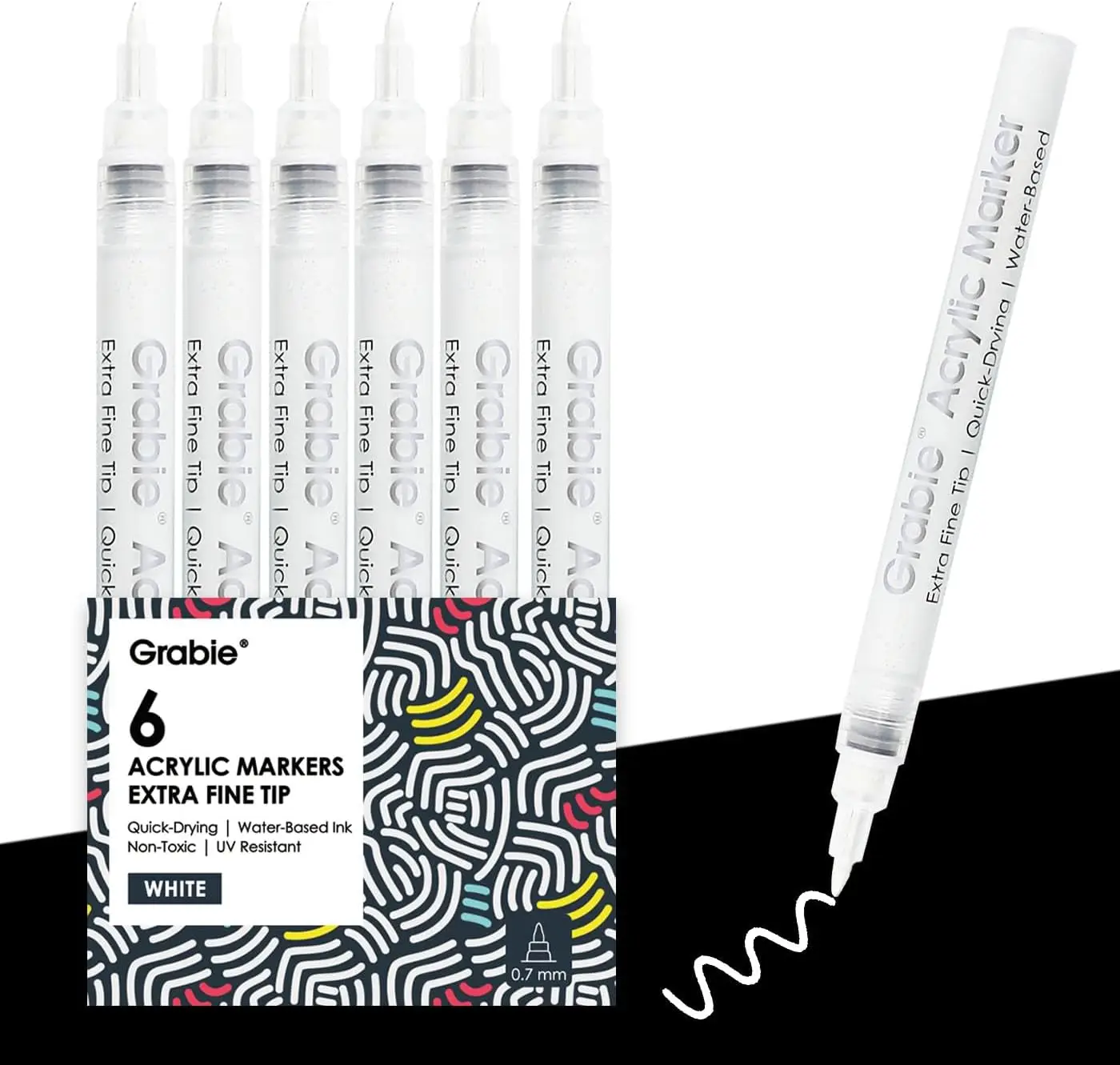 

6 White Acrylic Paint Markers, 0.7mm Extra Fine Tip for Drawing & Coloring Books
