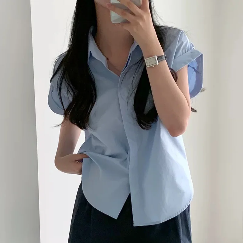 

Летняя однотонная Простая рубашка с отворотом, Повседневная модная универсальная Базовая рубашка в рулоне с коротким рукавом, Топ