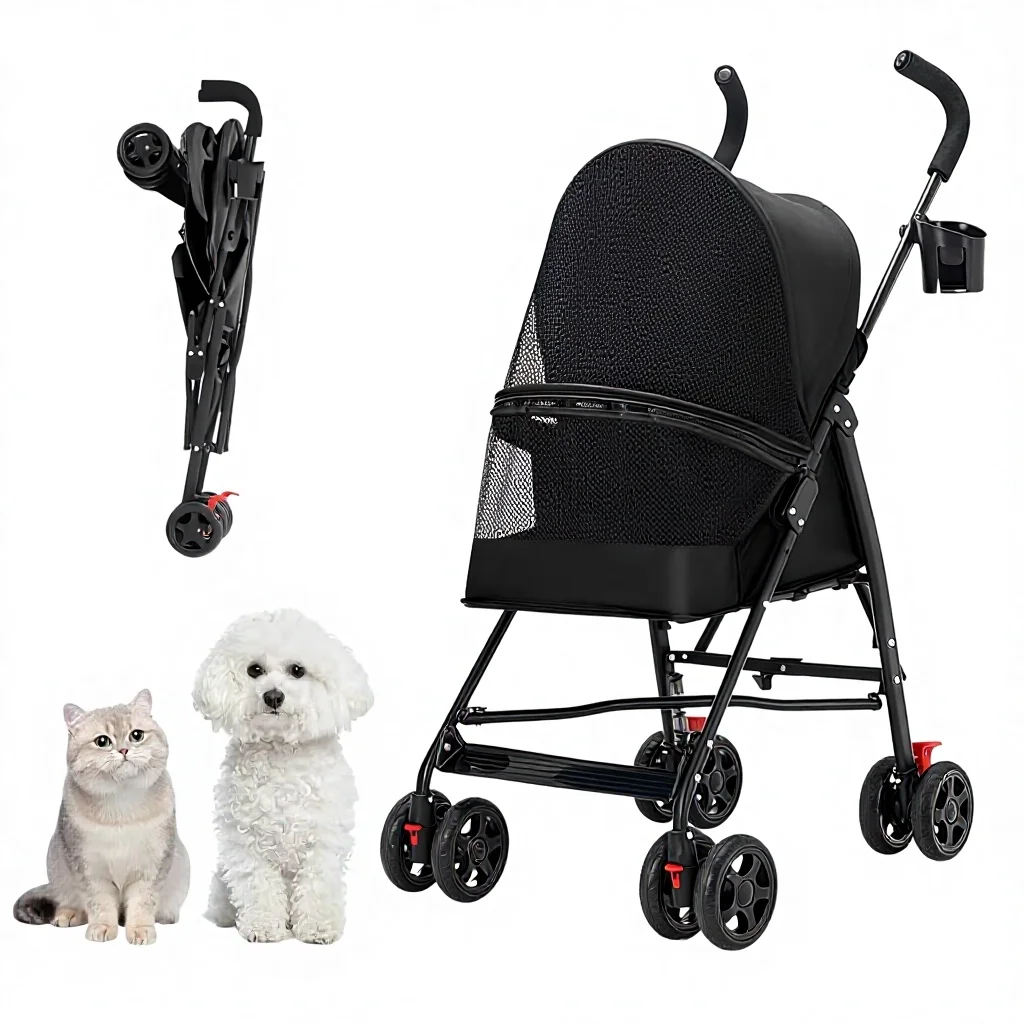 

Pet Stroller with Mesh Ventilation Four-Wheel Lightweight Foldable Design Cup Holder Black