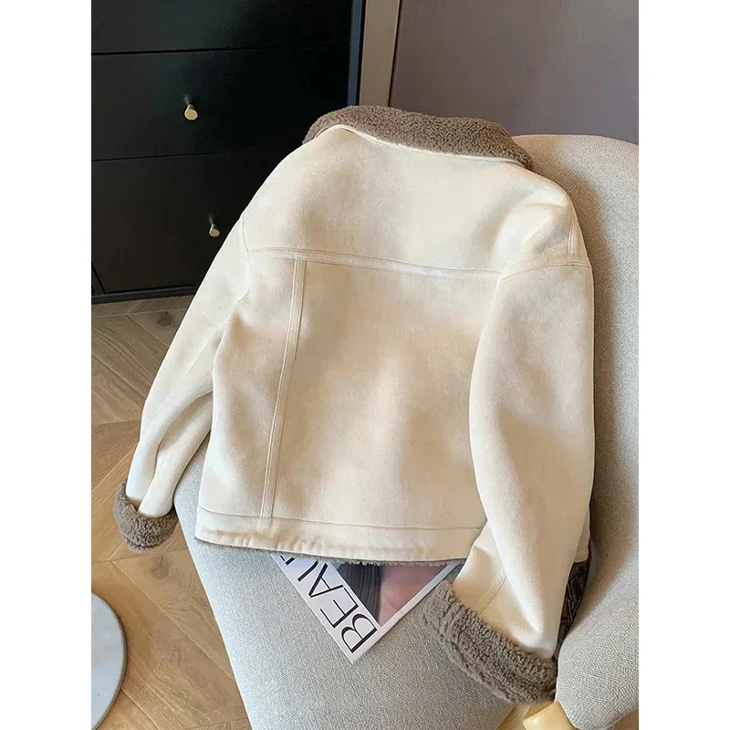 스웨이드 벨벳 램스 울 재킷 여성 가을 겨울 두꺼운 따뜻한 턴다운 칼라 코트 Y2K 루즈핏 스트릿웨어 모든 스타일에 어울리는 긴팔 아우터