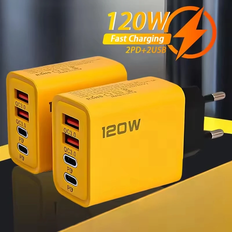 Quick Charge 3.0 Fast Charger Muti Total 120W 4 Port USB Type C PD Mobile Phone Wall Adapter for iPhone 16 Samsung S24 Xiaomi 15