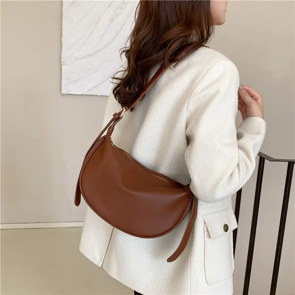 

Solid Color Vintage Crossbody Bags Adjustable Strap Zipper PU Leather Shoulder Bag Handbag Large Capacity Underarm Dumpling Bag
