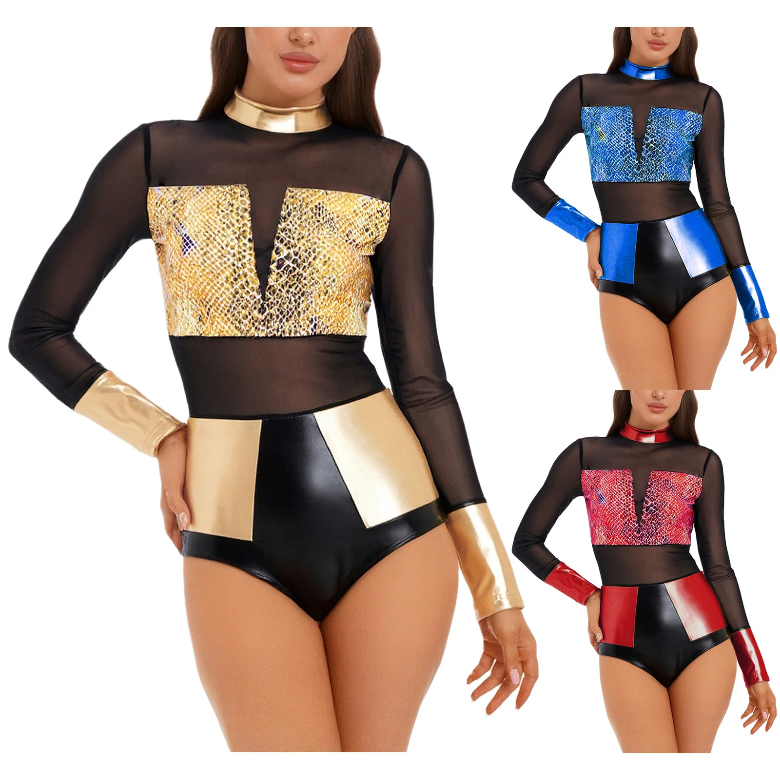 المرأة مشع لامع حزب بذلة جلد الثعبان نمط طباعة بقماش شفاف يوتار الهذيان ديسكو الرقص ارتداءها كرنفال Comtume