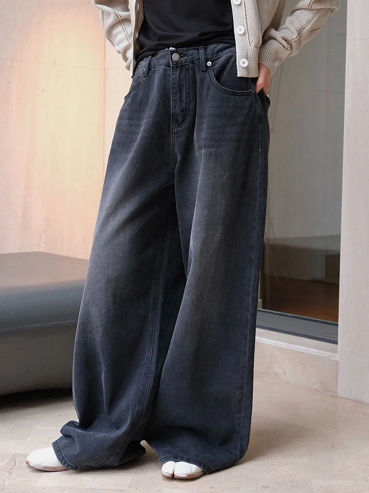 [EAM] High Waist Black Denim Vintage Long Casual Wide Leg Jeans New Women Trousers Fashion Tide Spring Autumn 2024 1DH6404