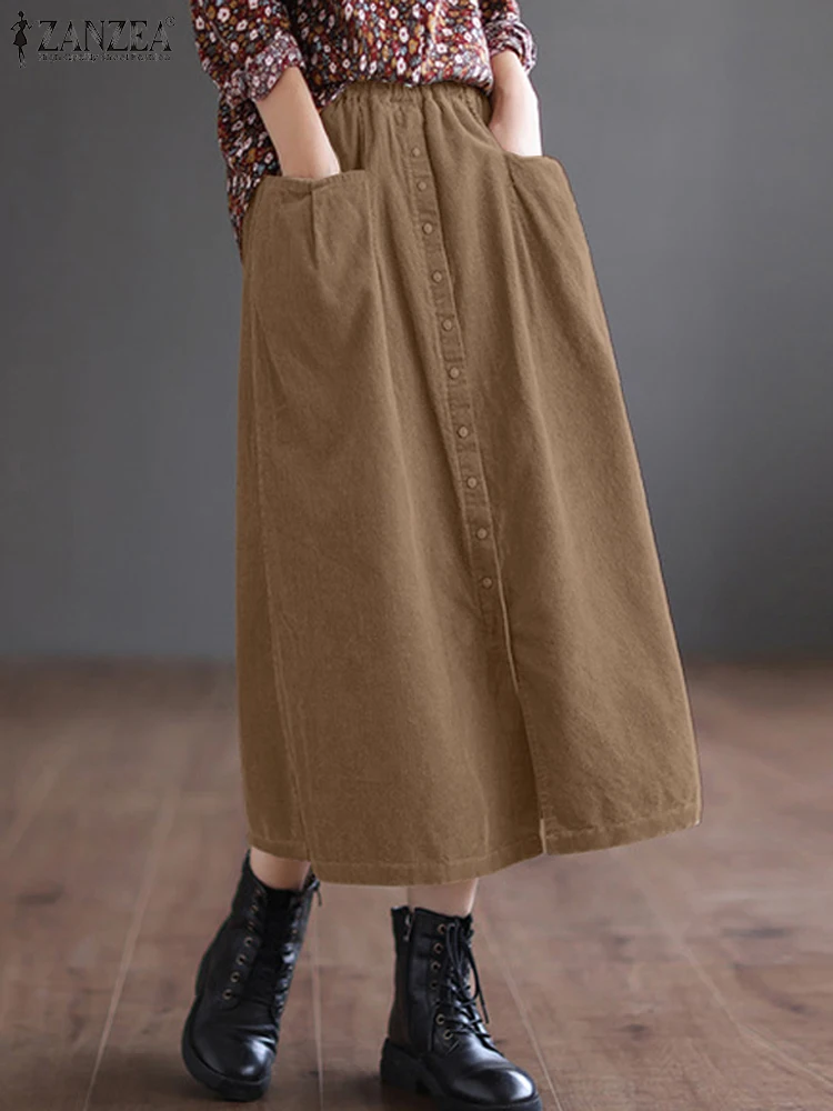 ZANZEA Autumn Women Corduroy Skirts Vintage Work Sundress Fashion High Waist Baggy Jupes Vestidos Casual Solid Midi Skirt Robe