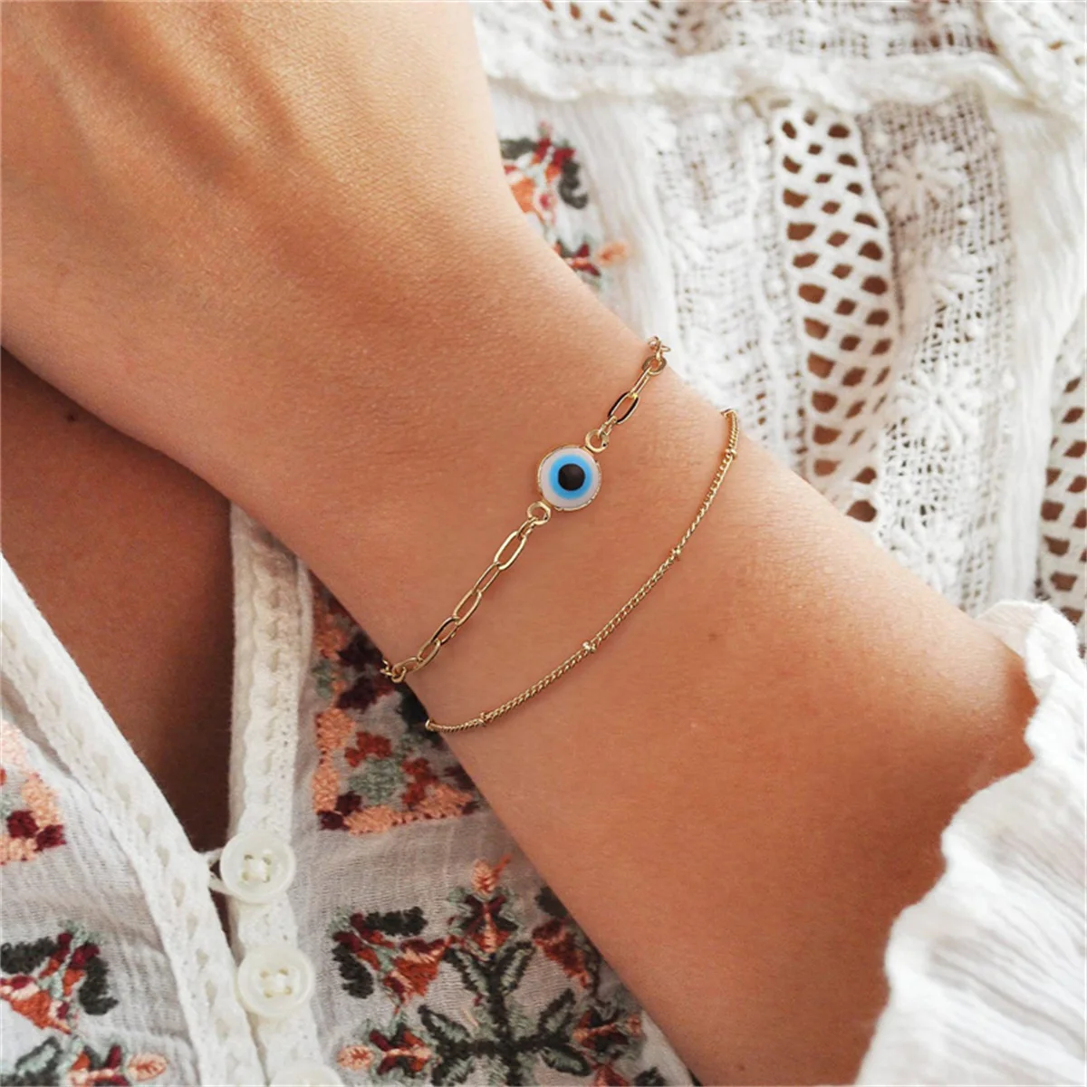 Pulseras clásicas de lujo con dijes de mal de ojo azul para mujer, cadena de eslabones de acero inoxidable, pulsera de ojo de demonio, joyería de fiesta de deseo de la suerte