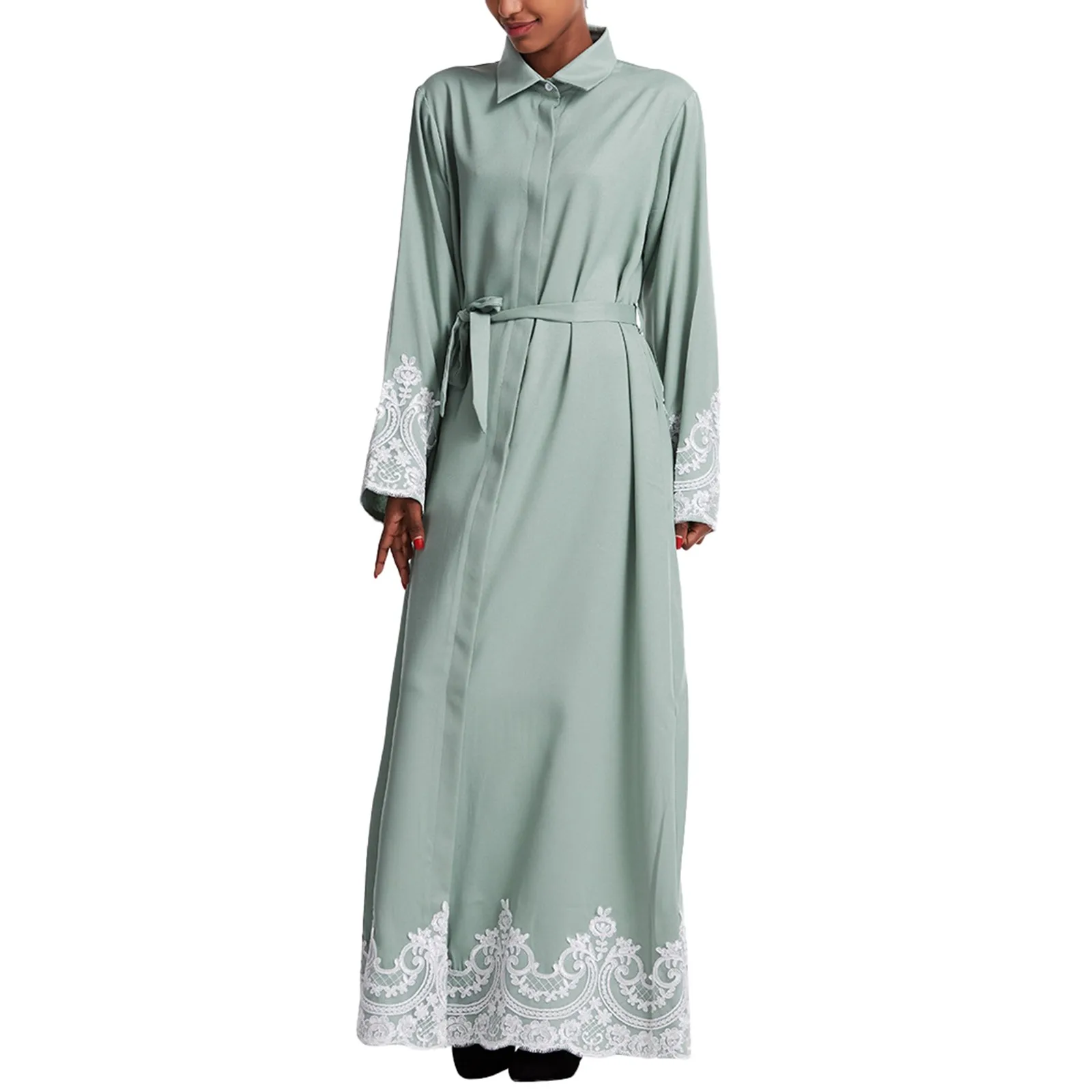 Arabische Geborduurde Jurk Kaftan Mode Moslim Vrouwen Abaya Afrikaanse Revers Lange Mouwen Indian Gewaad Dragen Een Set Van Casual Rok